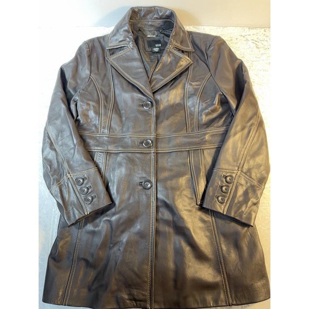a.n.a. Womens XL Brown Genuine Leather Coat Y2K Long Tailored Trench Jacket